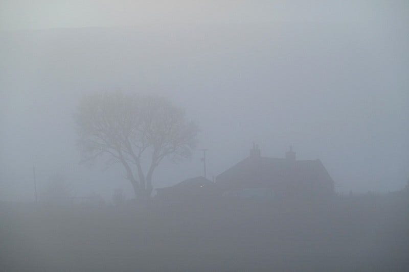 Inserting image...The shadowy form of a small holding is just visible through freezing fog