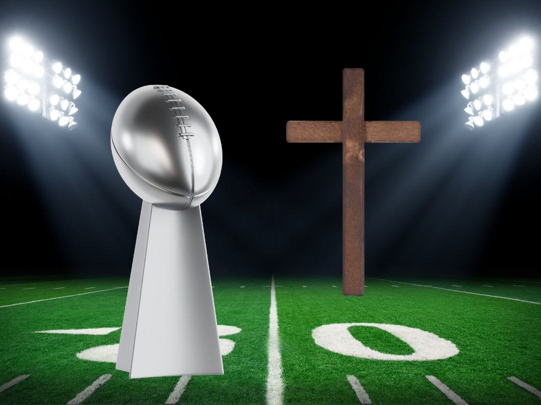 A graphic showing the Super Bowl Lombardi Trophy on a football field in the foreground, with a wooden cross on the same field in the background.