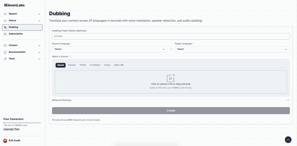 Screenshot of the website of ElevenLabs, Dubbing menu
