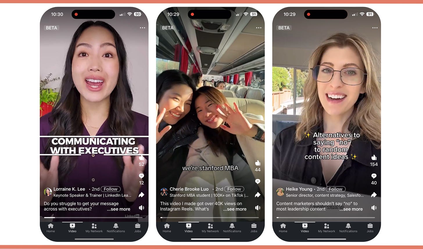 Image of 3 vertical video screenshots taken from LinkedIn’s new video feed. They look like TikTok videos. From left to right are Lorraine K. Lee, Cherie Brooke Luo and Heike Young