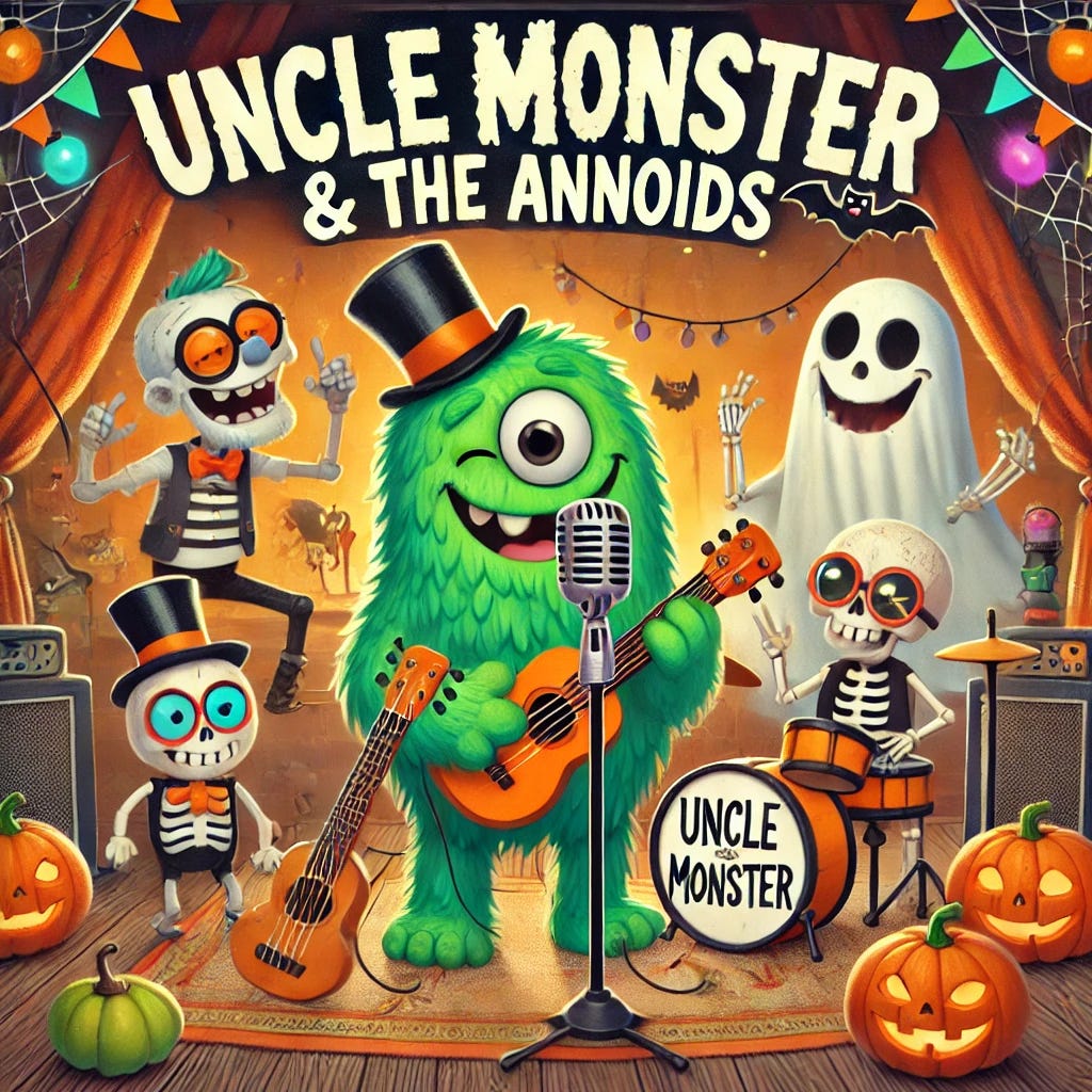 A playful Halloween-themed album cover featuring Uncle Monster & the Annoids, a fictional band for children’s music. The scene includes friendly cartoonish Halloween characters like a green, fuzzy monster playing a guitar, a clumsy skeleton on drums, and a cheerful ghost singing into a vintage microphone. They perform on a whimsical stage decorated with pumpkins, bats, and cobwebs, with vibrant Halloween colors and a fun, spooky atmosphere. The band name ‘Uncle Monster & the Annoids’ appears in playful, spooky lettering at the top. 1024x1024.