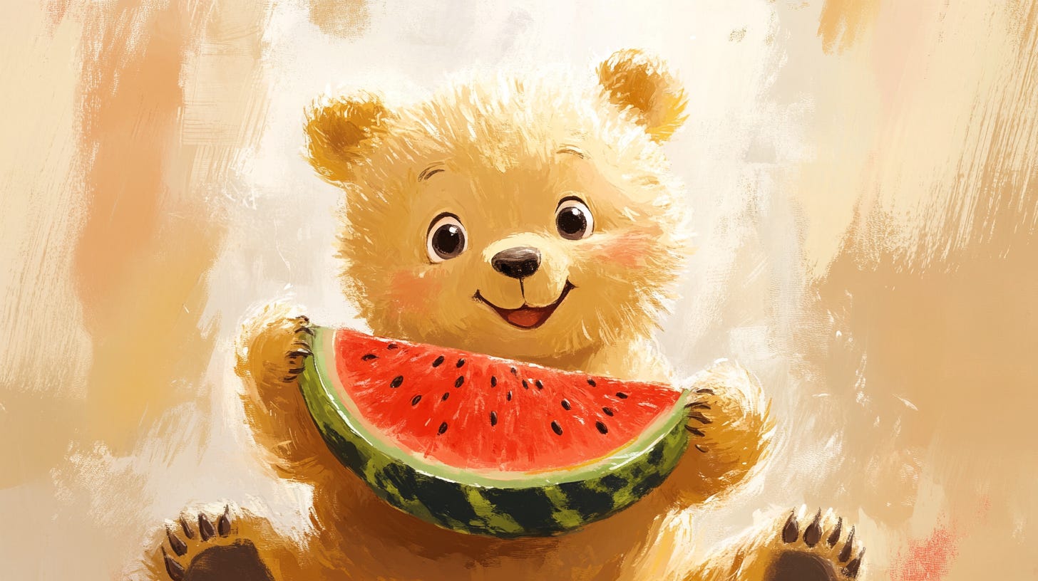 monotype illustration of a fluffy, wide-eyed bear sitting and happily munching on a juicy watermelon, soft golden fur, bright and cheerful atmosphere --ar 16:9 --v 6.1 monotype illustration of a fluffy, wide-eyed bear sitting and happily munching on a juicy watermelon, soft golden fur, bright and cheerful atmosphere --ar 16:9 --v 6.1