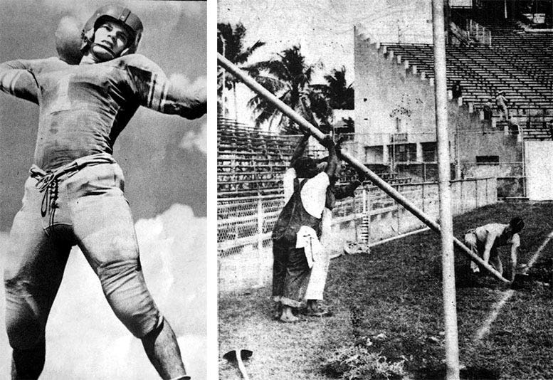 Figure 1: Jackie Simpson (left), and goal post being setup at the Orange Bowl the next morning on November 28, 1952.