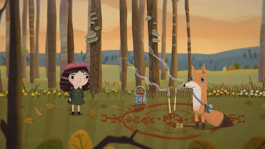 A picture of Little Misfortune encountering the fox Benjamin in the forest. Benjamin has drawn some sort of strange circular ward on the grass in red paint. 