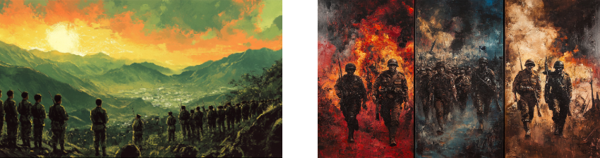 Two powerful scenes depicting military life: the left shows a line of soldiers overlooking a vast, sunlit valley, with mountains in the background, conveying a moment of calm and contemplation. The right features three dynamic panels of soldiers in various environments—amid flames, darkness, and smoke—symbolizing the chaos and intensity of combat, with each panel highlighting a different emotional and physical landscape.