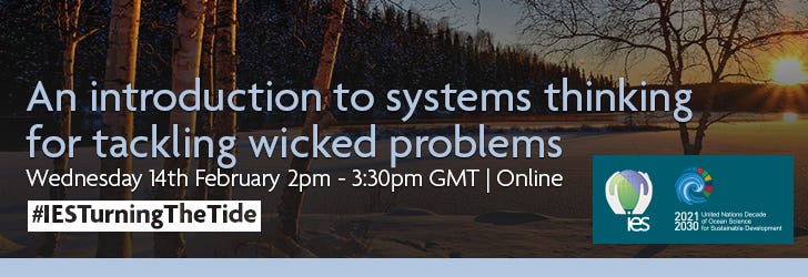 View of sunset over snowy field in woods overlaid with text: An Introduction to Systems Thinking for Tackling Wicked Problems, Wednesday 14th February 2:00 to 3:30pm GMT online