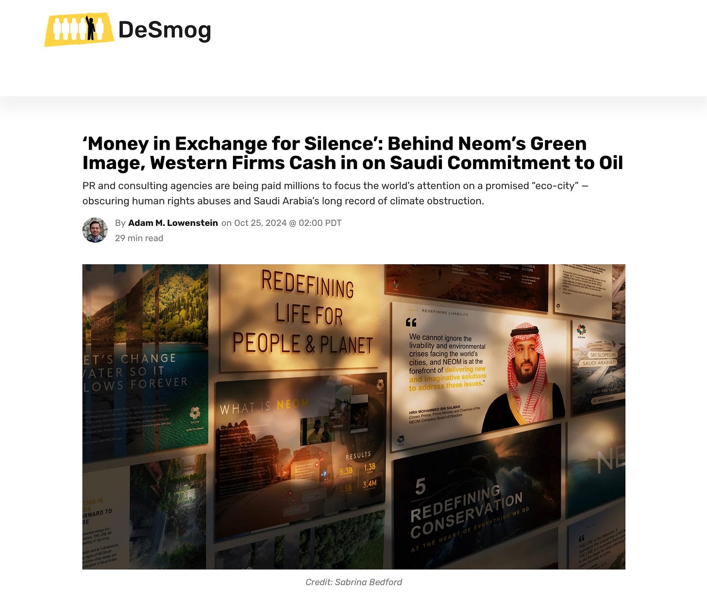 A screenshot of the article on DeSmog.