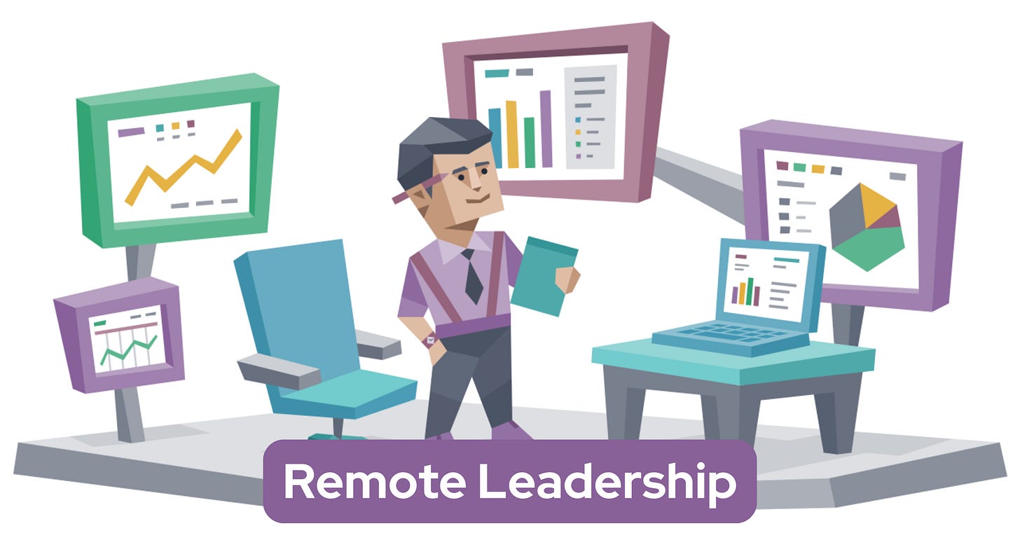 An Analyst stands in a workspace surrounded by multiple screens displaying different data visualizations. They are holding a tablet while standing between an office chair and a small desk with a laptop. The image has a purple color scheme and displays "Remote Leadership" text at the bottom on a purple banner.