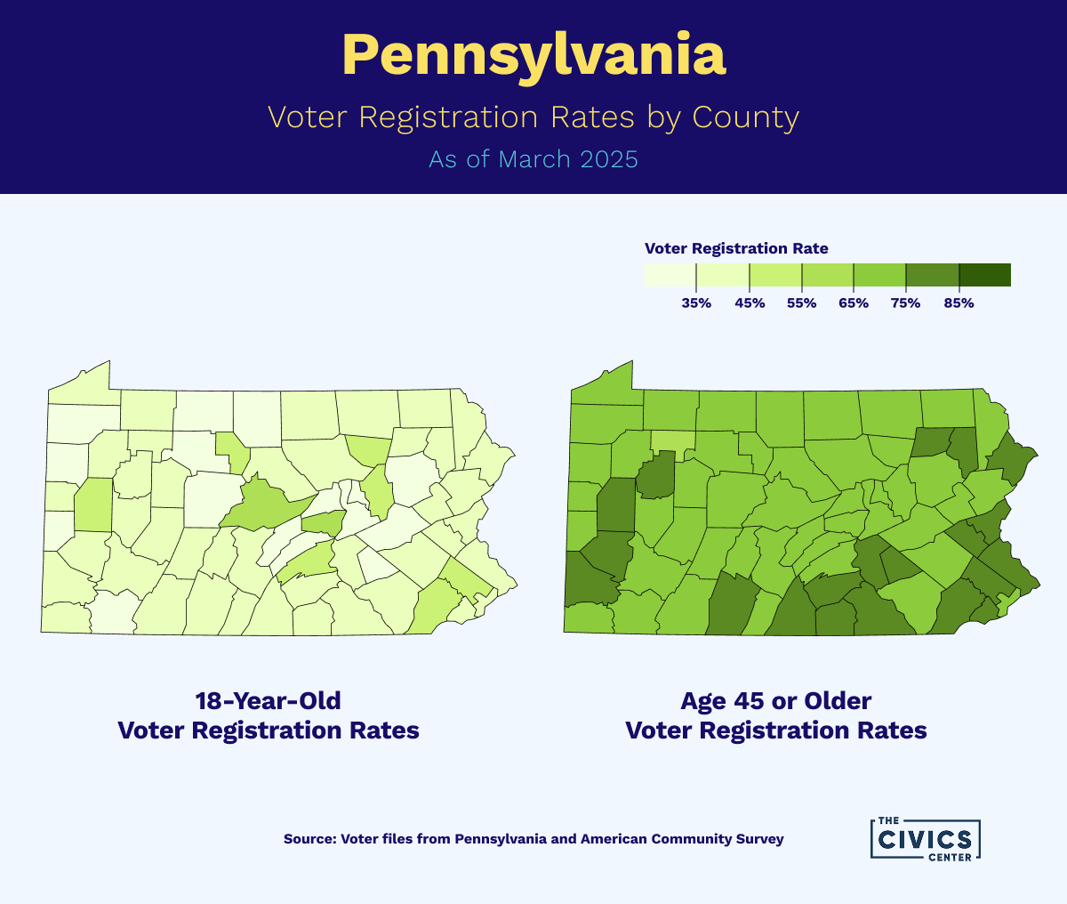 A map of pennsylvania and pennsylvania voting registration rates

Description automatically generated