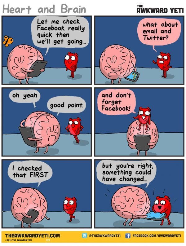 The Endless Cycle of Social Media | Awkward yeti, Heart and brain comic,  Heart vs brain