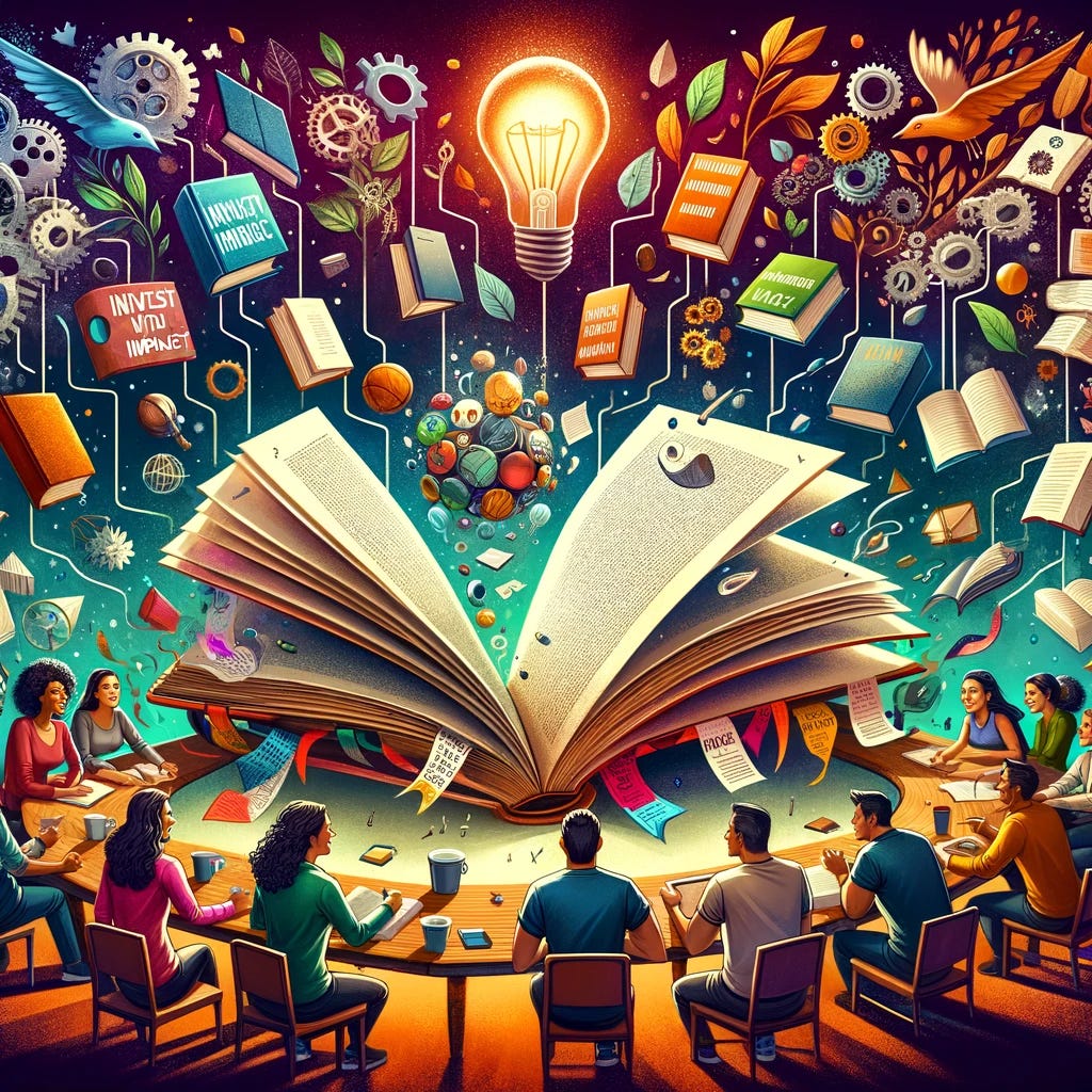 A vibrant and whimsical illustration capturing the essence of a book club focused on innovation and impact. The scene includes a diverse group of enthusiastic readers gathered around a large, open book. The book's pages seem to come to life with imaginative and futuristic ideas, symbolizing the theme of innovation. Around them, floating book covers represent the seven pivotal books nominated by the audience, with one book slightly set apart to signify the miscount. The background is filled with symbols of impact and progress, like gears and light bulbs, blending with softer elements like coffee cups and notepads, creating a warm and inviting atmosphere that encourages lively discussion and shared insights. The overall mood is one of excitement and anticipation for the upcoming discussions and bracket competition, conveyed through the animated expressions of the participants and the dynamic composition of the scene. The name 'Invest with Impact March Madness Book Club' is whimsically integrated into the design, perhaps on a banner or the spine of the giant book, making it clear this is a gathering of minds eager to explore the frontiers of innovation.