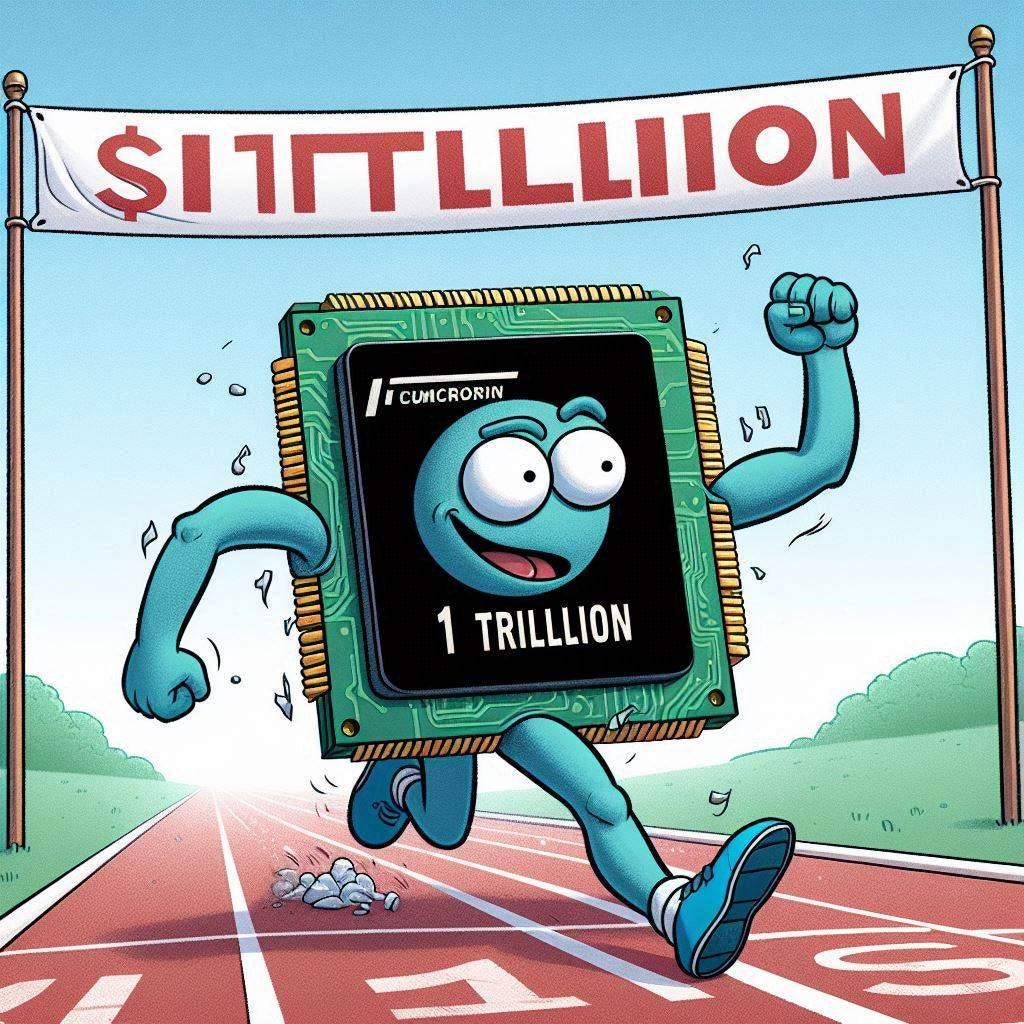 A comical semiconductor chip that has arms and legs breaking through a marathon finishing line banner with "$1 trillion" written across the banner