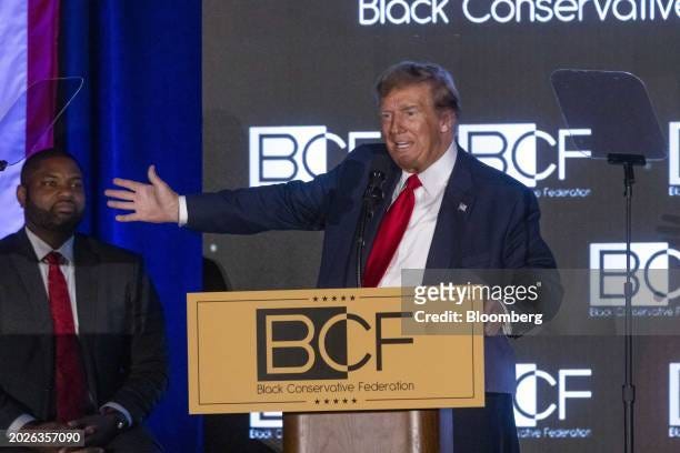 Donald Trump speaking at podium at the Black Conservative Federation Gala