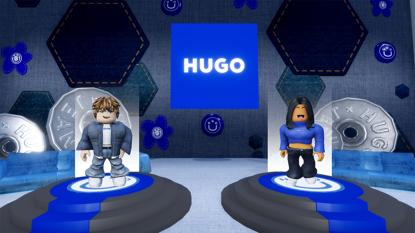 Two Roblox avatars in the Hugo Fashion Match experience