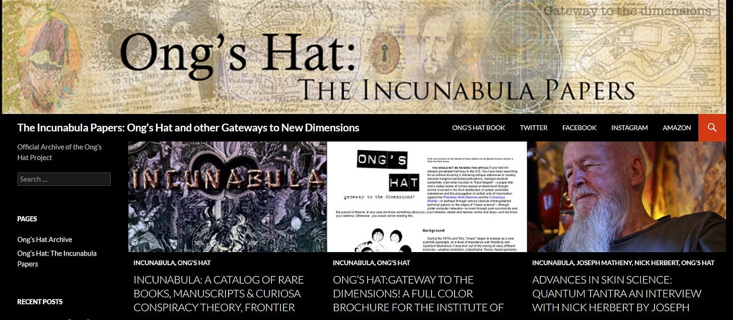 A bit of the Ong's Hat website, showing "Ong's Hat: The Incunabula Papers", links to videos and writings, and so on.