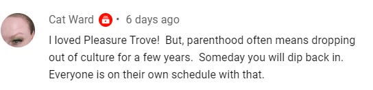 YouTube comment from Cat Ward. It reads: I loved Pleasure Trove! But parenthood often means dropping out of culture for a few years. Someday you will dip back in. Everyone is on their own schedule with that.