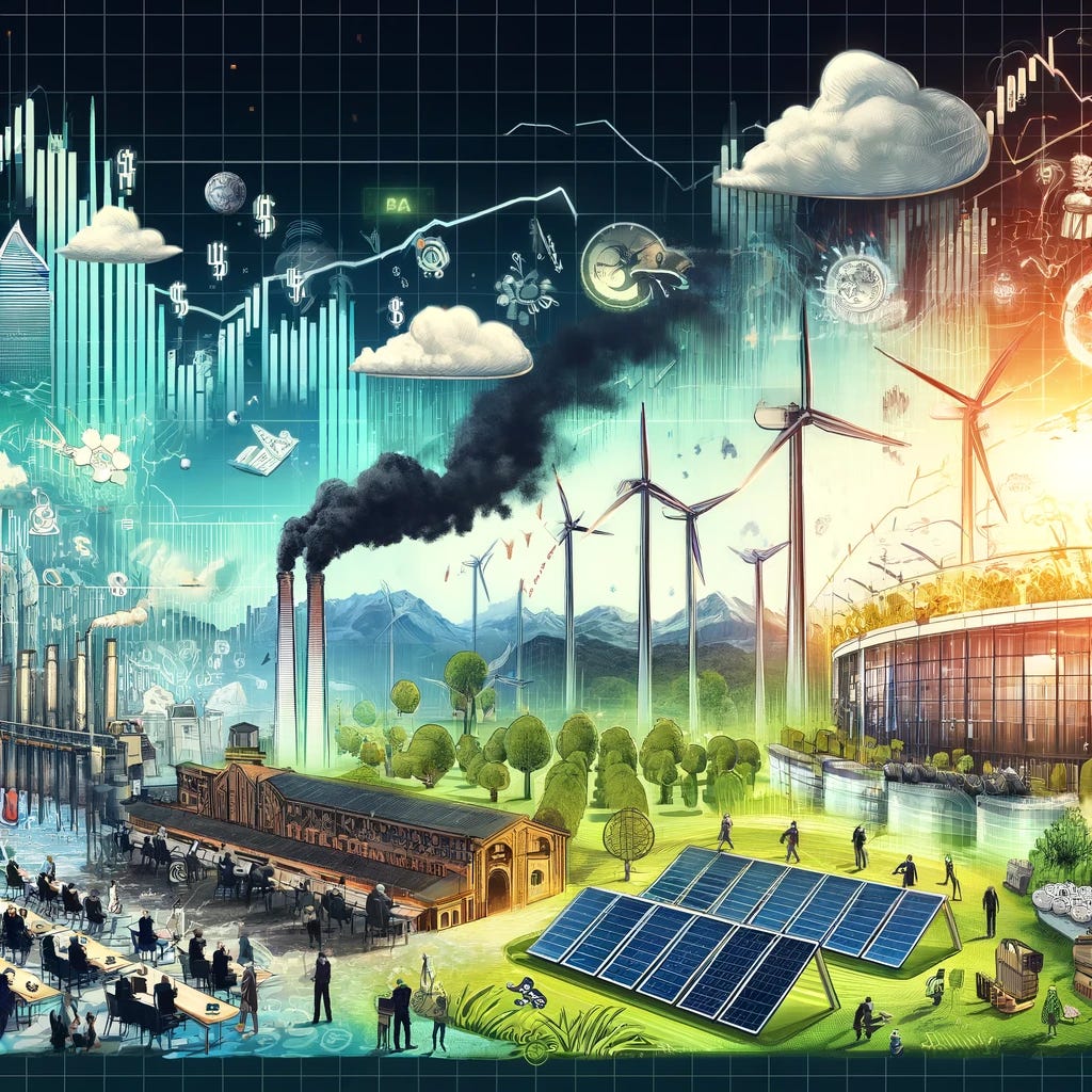 A digital collage illustrating various aspects of the carbon market. The image features a graph showing rising and falling carbon prices, a bustling auction room with people bidding, a serene landscape depicting wind turbines and solar panels representing green energy projects, and a factory emitting smoke to signify industrial emissions. The scene is set against a backdrop of a city skyline, symbolizing the urban impact of carbon trading policies. The style is vibrant and informative, blending realism with infographic elements.