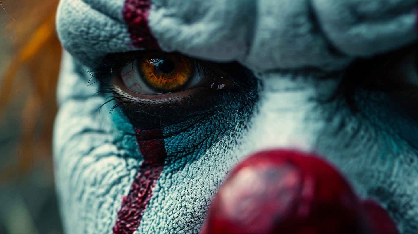 Cinematic close-up of an angry clown's eye. Midjourney V6 image.