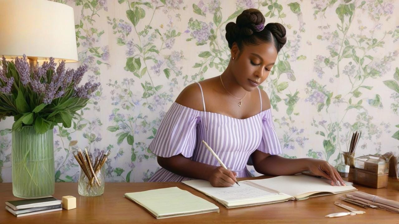 digital painting: Dark-skinned Black woman in her 30s in a flowing lavender-mint-striped dress writes at an oak desk under soft diffused sunlight. Her hands, with faint freckles, hold a quill pen on ivory parchment. Tight Bantu knots frame her face, caramel skin glowing against muted floral wallpaper. Hyperrealistic textures, soft watercolor gradients, warm tonal contrasts, 4K detail.