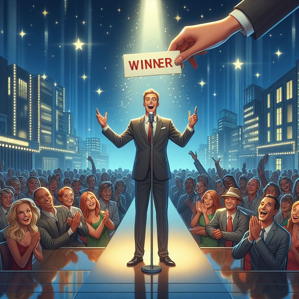 a talent show contest where the crowd is waiting in anticipation of the hosts revealling the winner slowly removing the winner's name from an envelope photorealistic and widescreen format