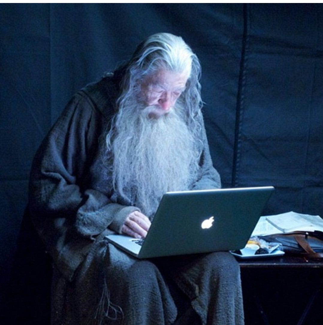 Gandalf takes a break on his MacBook Pro while filming "The Hobbit"