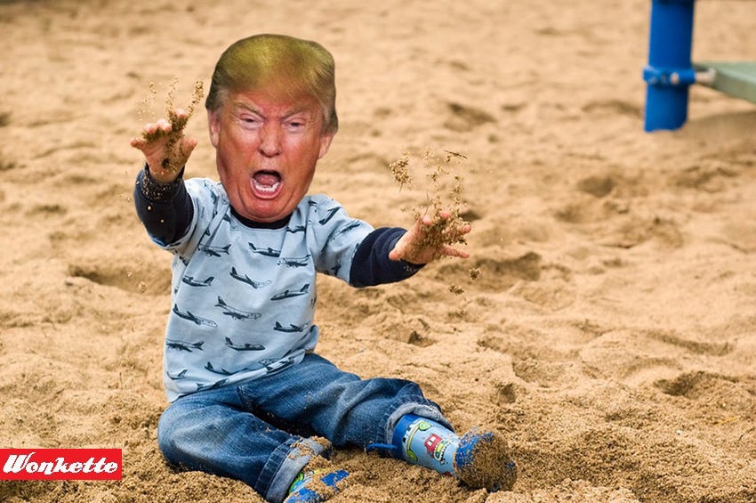 Wonkette photoshop of Donald Trump's angry face on over a toddler in a sandbox having a tantrum 