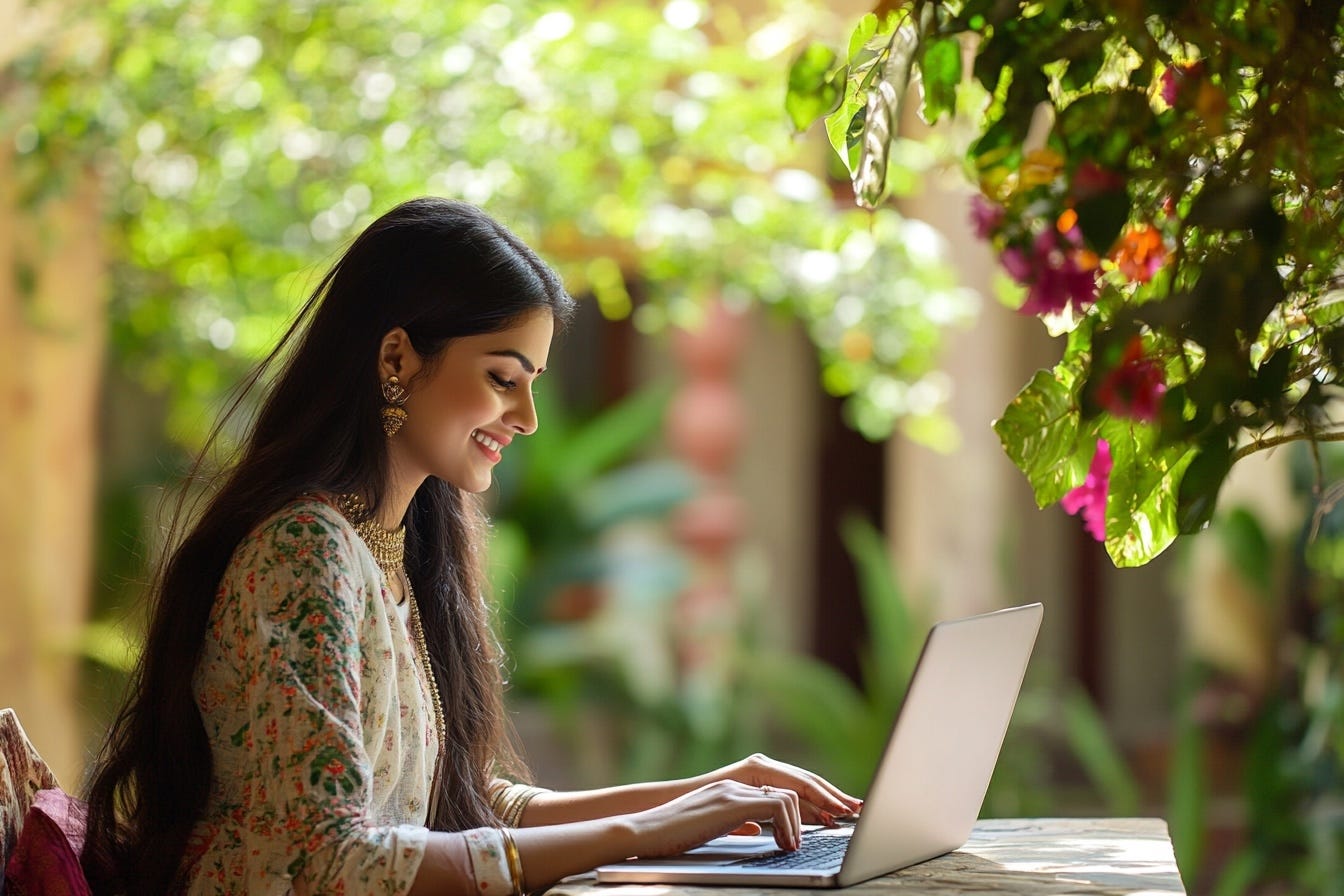 Young woman typing on a laptop in a garden.