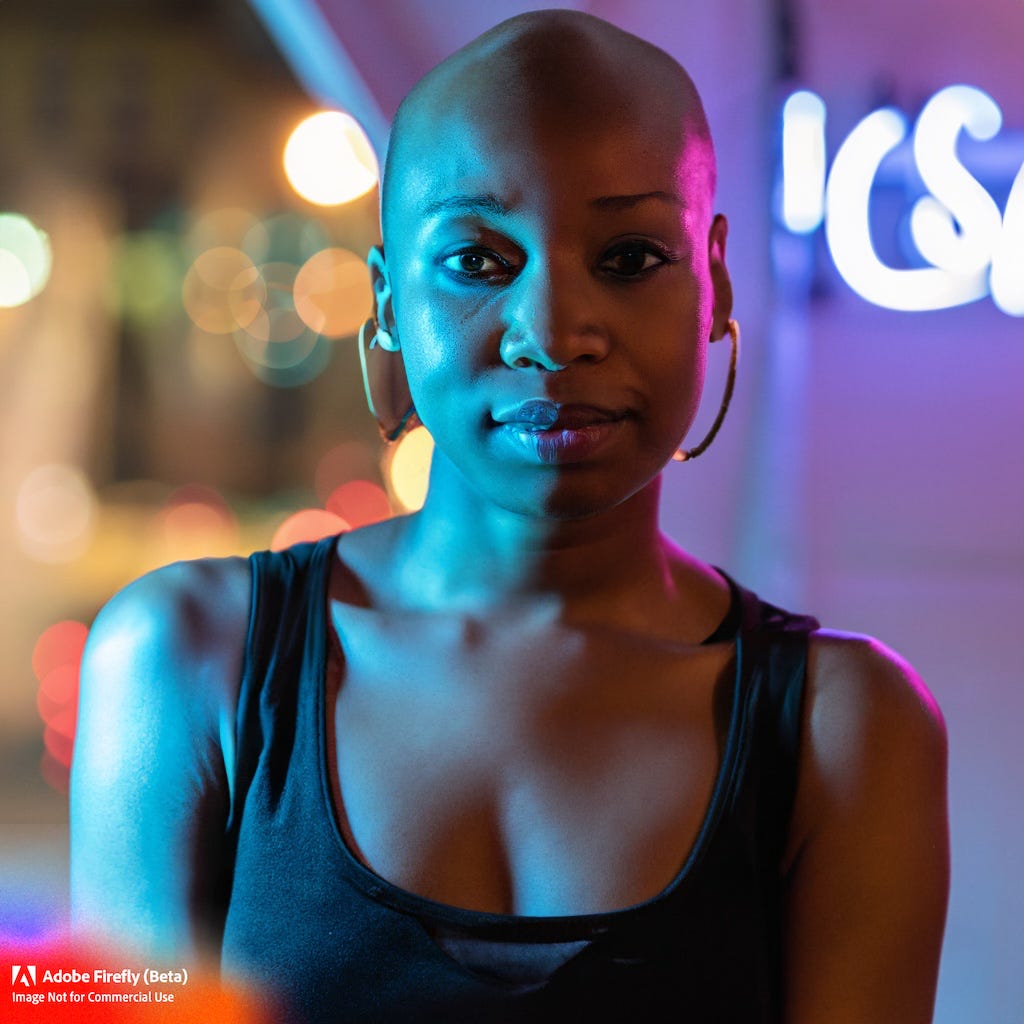 Ai-generated photorealistic image of a bald black woman lit by purple and blue neon looking at the camera.