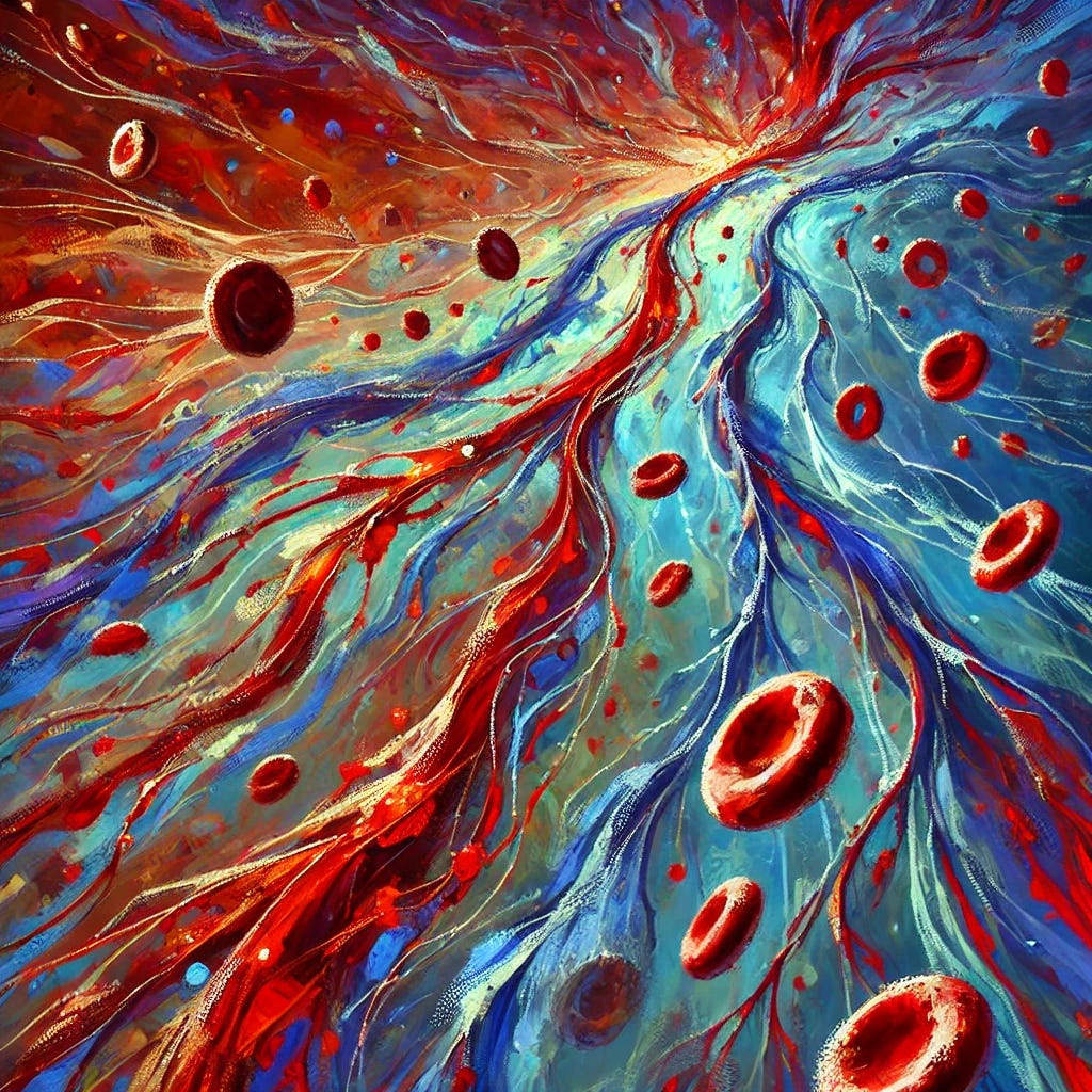 Create a vibrant square image, styled as an oil painting with expressive strokes and rich, bold colors, inspired by the concept of zeta potential and its analogy of blood cells as cars in a circulatory system. Depict a fluid, abstract network of highways or pathways with small, distinct particles representing blood cells flowing smoothly through, emphasizing the idea of electrical charges keeping the cells apart. The color scheme should incorporate deep reds and blues to represent blood and oxygenation, with contrasting bright colors to suggest energy and movement. Avoid humans or text in the image.