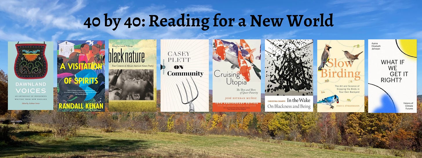 Eight books from the list superimposed on a photo of a field surrounded by fall trees: Dawnland Voices, A Visitation of Spirts, Black Nature, On Community, Cruising Utopia, In the Wake, Slow Birding, and What if We Get it Right?