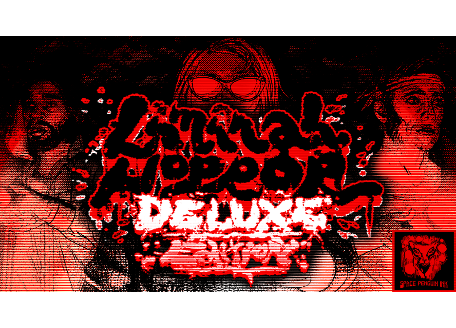 The solorized, pixel-burnt art of Zach Hazard flooded with a blood red, features three investigators and the Liminal Horror Deluxe Edition wordmark, as well as the Space Penguin Ink logo.