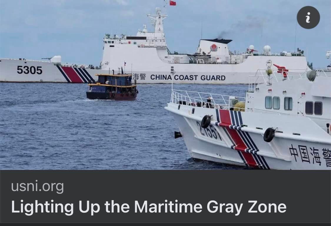 May be an image of submarine and text that says "Sh 5305 i 海警 CHINA COAST GUARD 1557 中国海 usni usni.org Lighting Up the Maritime Gray Zone"