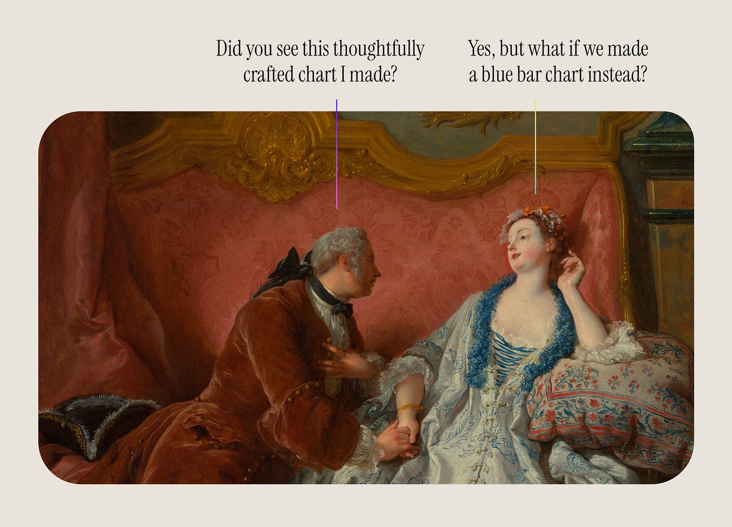 An oil painting from the 18th century where a man is declaring his love to a woman. She looks down at him as if she’s mocking him. The man says “did you see this thoughtfully crafted chart I made?” and the woman answers “Yes, but what if we made a blue bar chart instead?”.