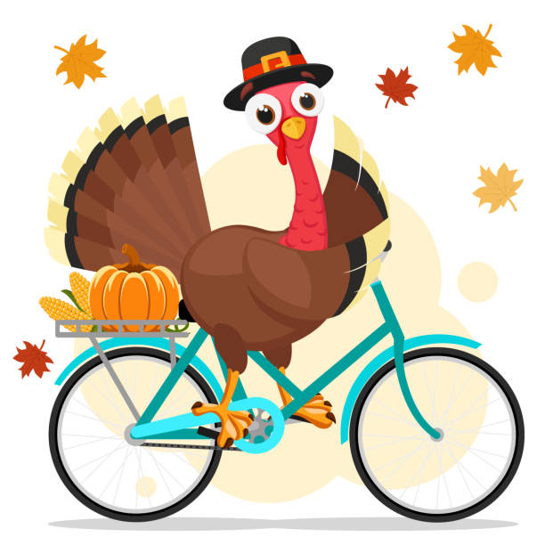 Turkey Bird Rides A Bicycle And Flaps Its Wing Thanksgiving Day Stock  Illustration - Download Image Now