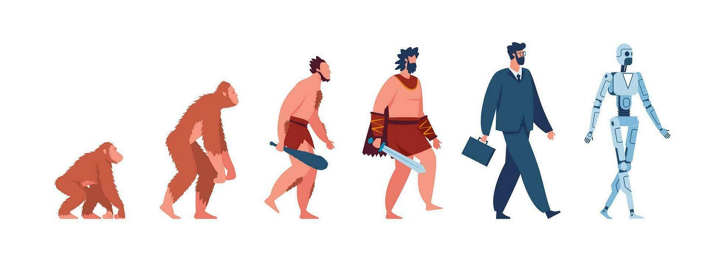 Human evolution, monkey, caveman, businessman, cyborg. Male character  evolving from ancient ape to modern man and robot vector concept 23835329 Vector  Art at Vecteezy