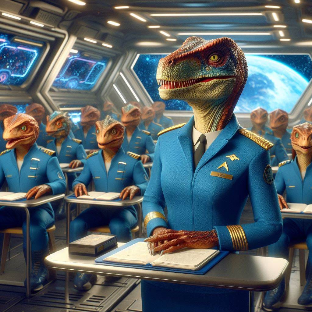 Our teacher is a robust hairless female reptilian officer of the Reptilian starfleet. She has a dinosaur head and wears a starfleet blue uniform in class. We are a group of reptilian space cadets sitting at our desks in a spaceship. It is a sci-fi realistic image