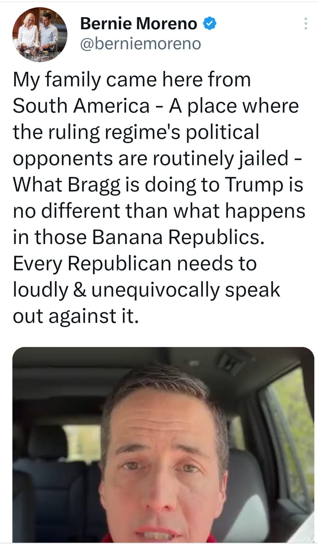 May be a Twitter screenshot of 2 people and text that says 'Bernie Moreno @berniemoreno My family came here from South America A place where the ruling regime's political opponents are routinely jailed- What Bragg is doing to Trump is no different than what happens in those Banana Republics. Every Republican needs to loudly & unequivocally speak out against it.'