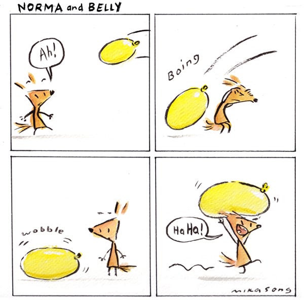 Norma the squirrel sees a yellow balloon flying towards her. She ducks and it lands next to her without popping. She cackles while running off with the water balloon.