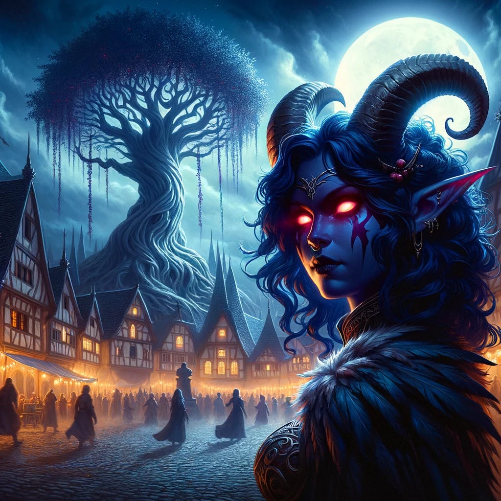 A moonlit town square during the Festival of Whispers in the mystical city of Elderglen. In the foreground, a young tiefling woman, Seraphina, is depicted as a silhouette to emphasize her mysterious and dark nature. She has deep blue hair cascading over her shoulders and glowing crimson eyes beneath a feathered mask, with distinct, elegant horns that are characteristic of her tiefling heritage. The Whispering Willow statue, an intricate carving of an ancient tree, looms in the background, bathed in soft moonlight. The surrounding festival crowd is dispersing, leaving Seraphina in a moment of solitary triumph. The atmosphere is enchanting and slightly ominous, reflecting the character's cunning and ambitious persona.