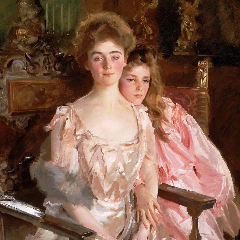 Mrs Fiske Warren (Gretchen Osgood) and her daugher Rachel (1903). Motehr and daughter, blonde and pink, pose closely together, against a red velvet background. Rachel, the young daughter, looks slightly into the distance in a coral pink dress.