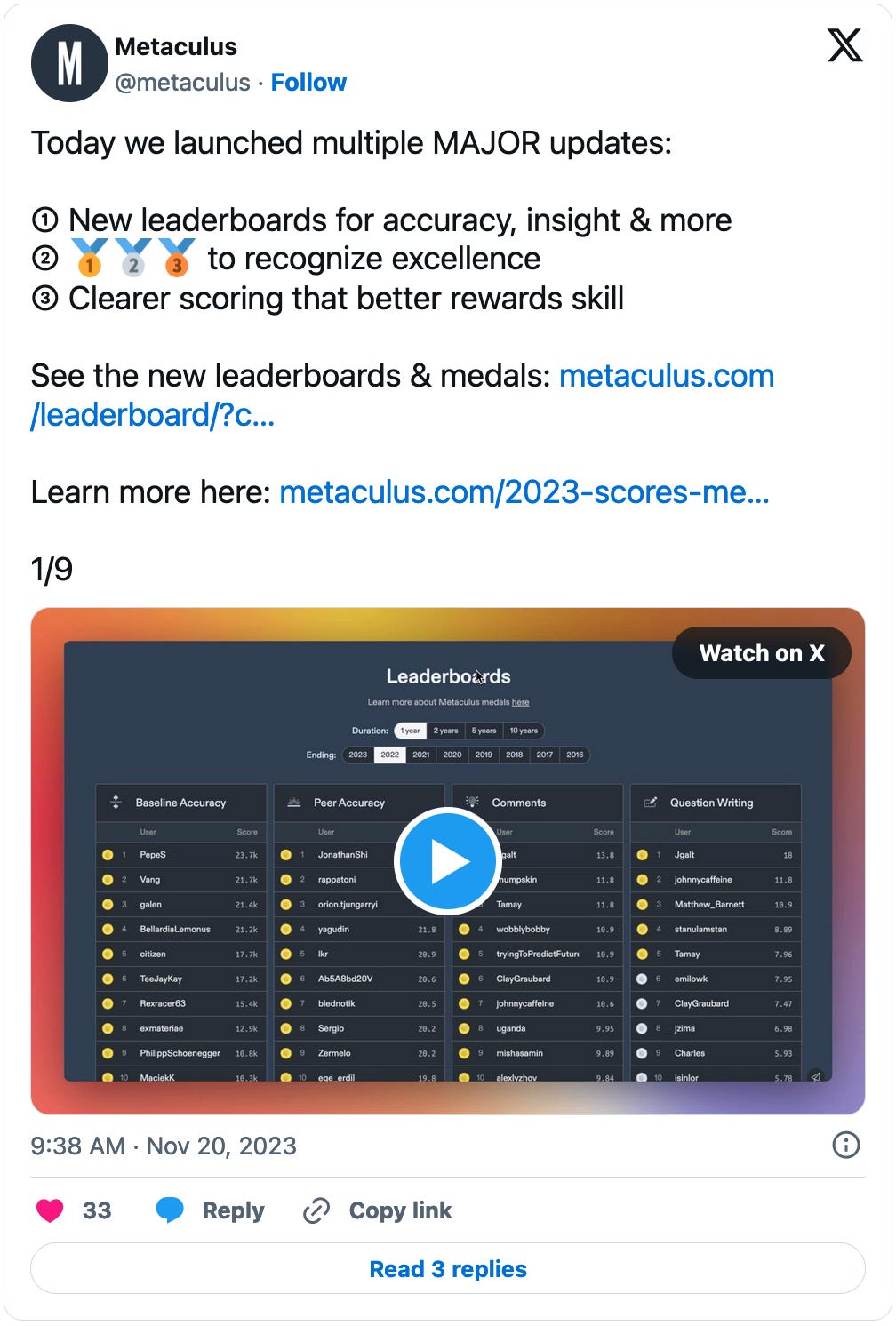 November 20, 2023 tweet from Metaculus reading, "Today we launched multiple MAJOR updates:  ① New leaderboards for accuracy, insight & more ② 🥇🥈🥉 to recognize excellence ③ Clearer scoring that better rewards skill" with a video attached.