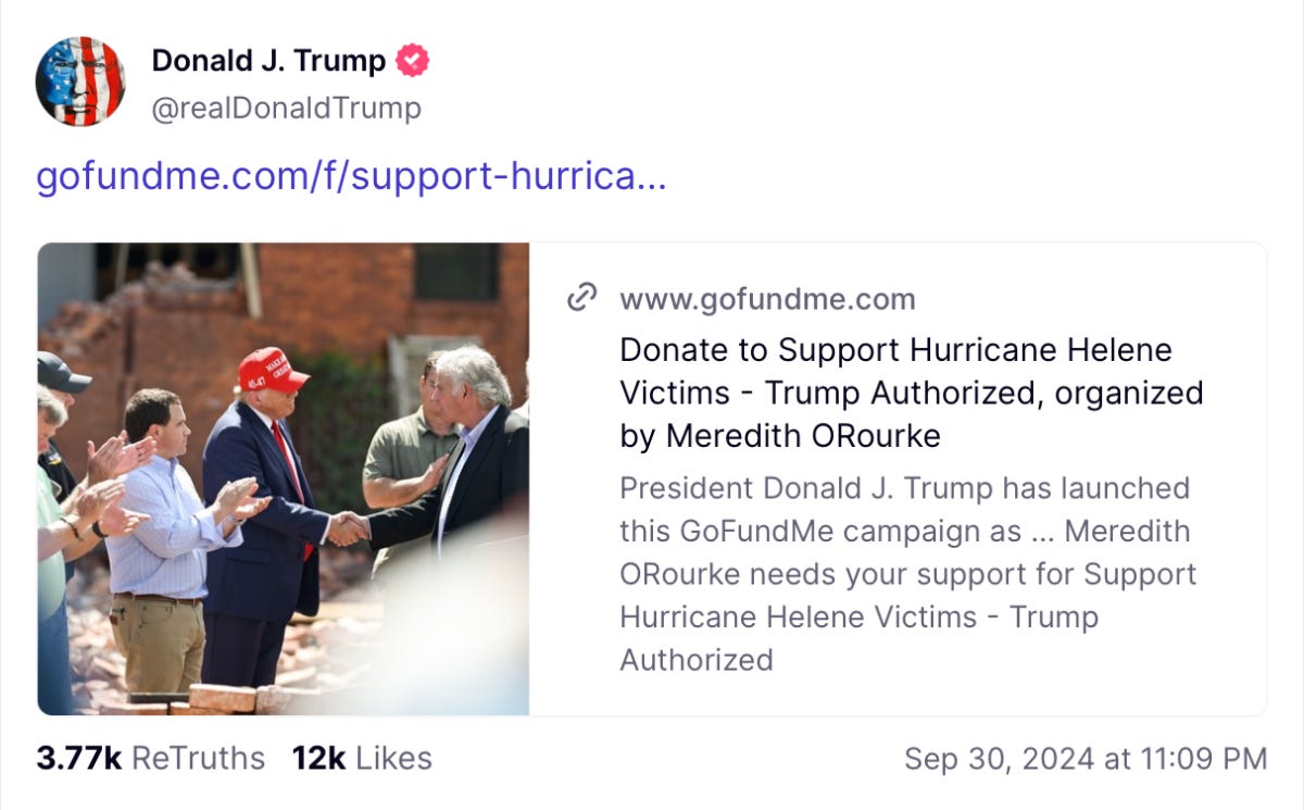 Trump promoting his GoFundMe to "support Hurricane Helene victims"