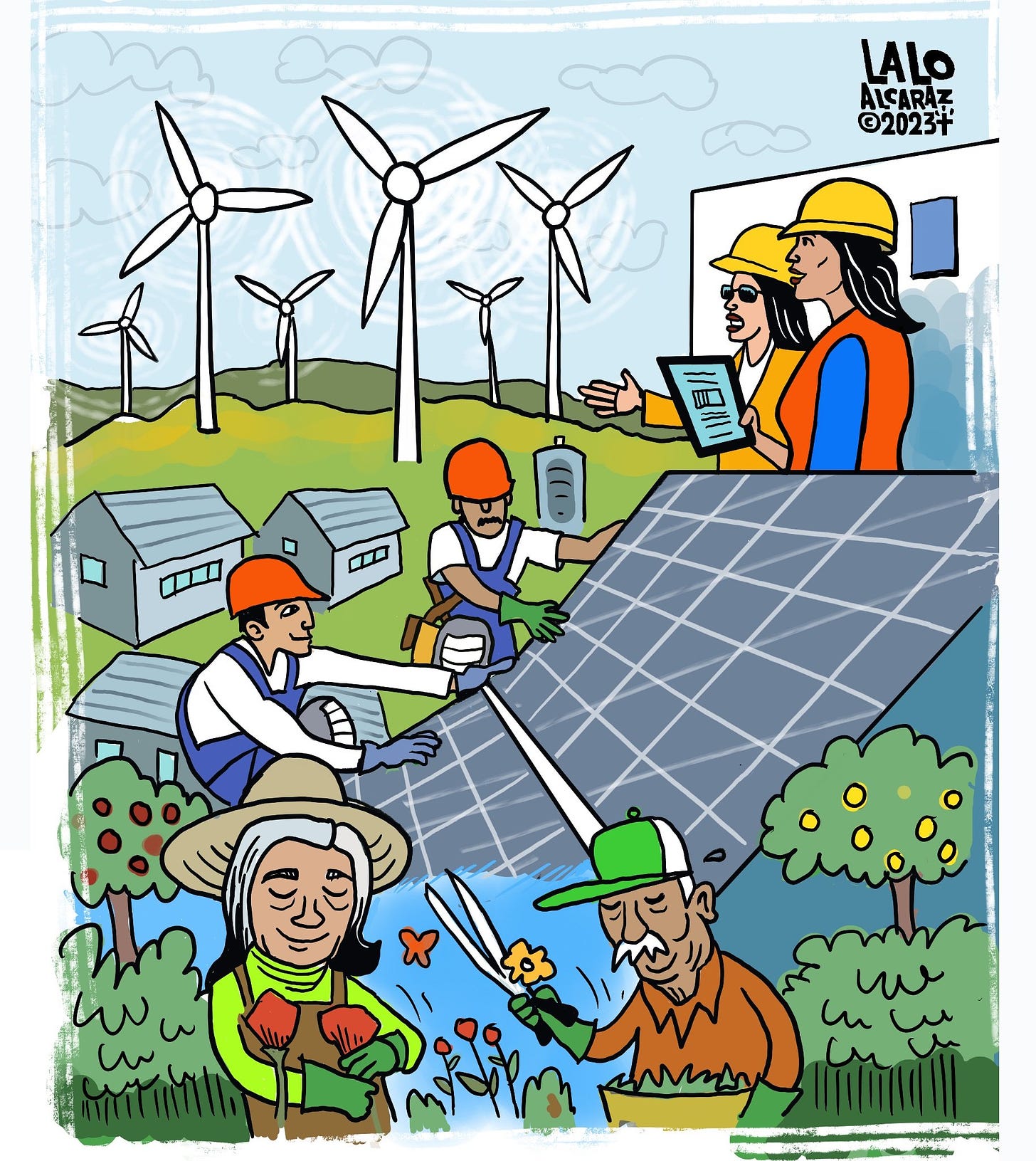 Cartoon showing people working across green spaces— two people looking at a windfarm, two people working to rack a large solar panel, and two people working in the garden