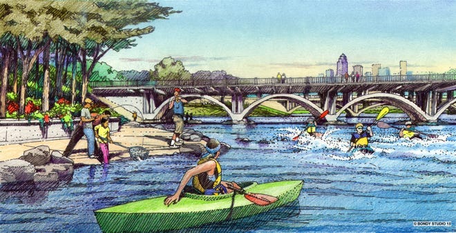 An artist's depiction shows plans for the Scott Avenue Dam in downtown Des Moines.