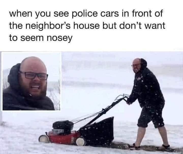 May be an image of 2 people and text that says 'when you see police cars in front of the neighbor's house but don't want to seem nosey'