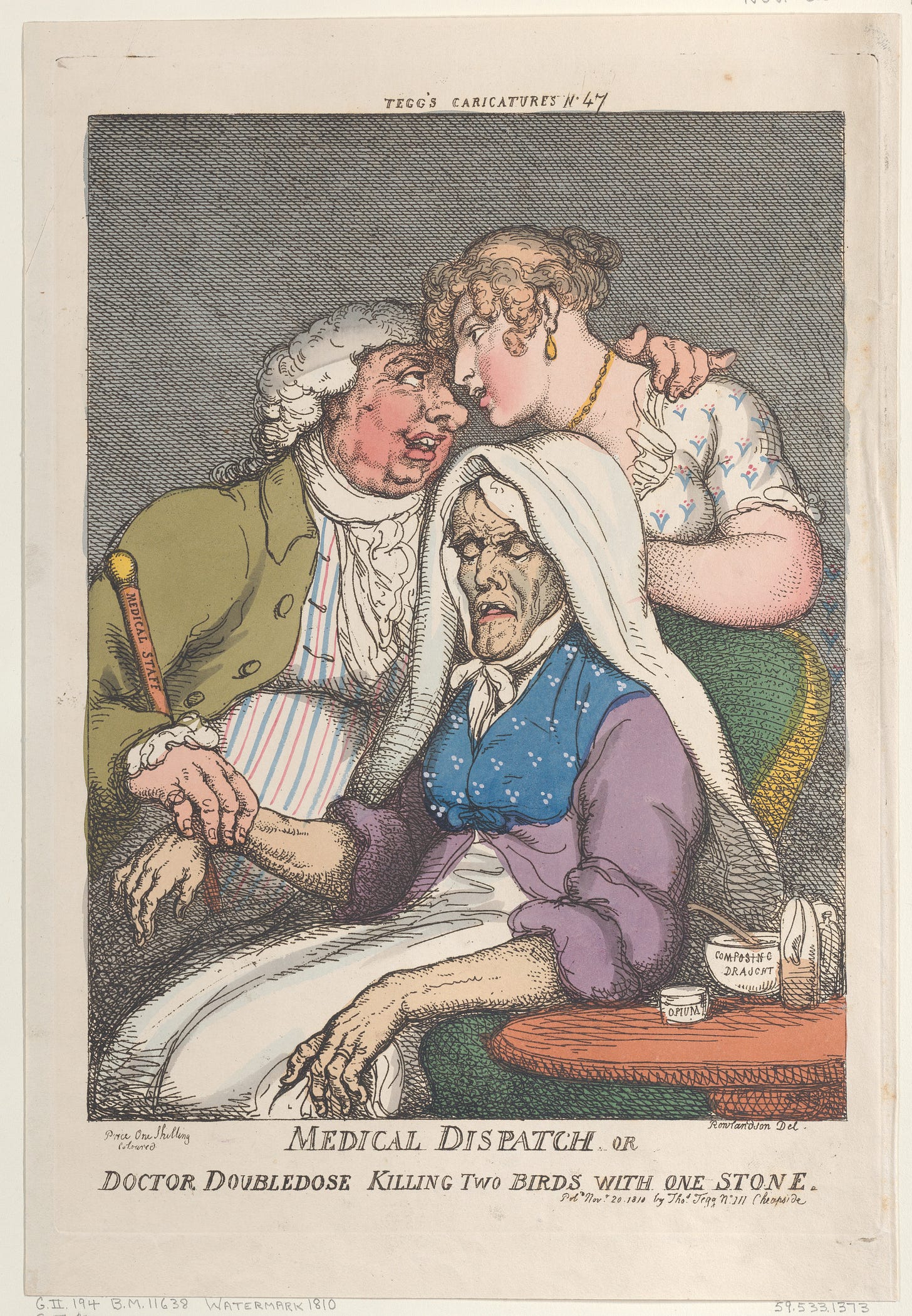 Medical Dispatch or Doctor Doubledose Killing Two Birds with One Stone, Thomas Rowlandson (British, London 1757–1827 London), Hand-colored etching