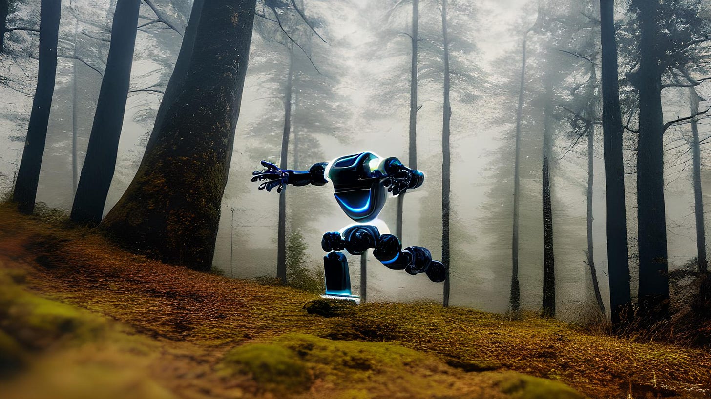 Runway 2023-01-15T19_06_51.957Z Text to Image An agile robot running mid jump down a lightly foggy and rocky forest path, stunning,.jpeg