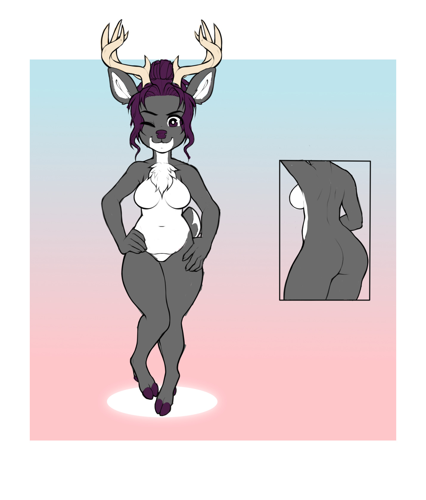 Grey femme deer with antlers and purple hair/eyes.