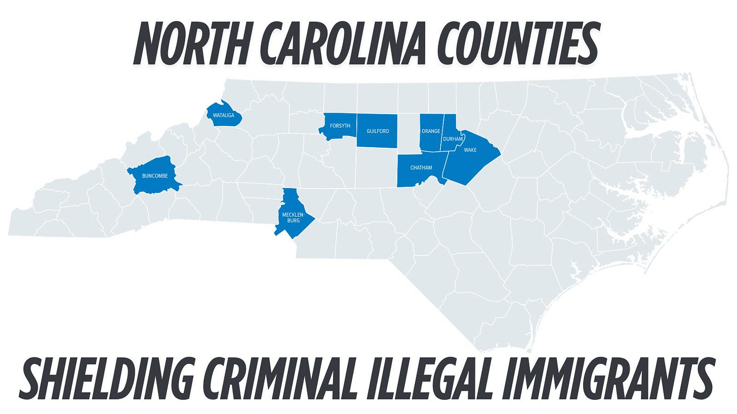 May be a graphic of map and text that says 'NORTH CAROLINA COUNTIES WITAUGA FORSYTH GULFORD BUNCOMBE DRANGE NHAN WAKE sasứOC CHHAM MECKLEN COEN BUSG SHIELDING CRIMINAL ILLEGAL IMMIGRANTS'