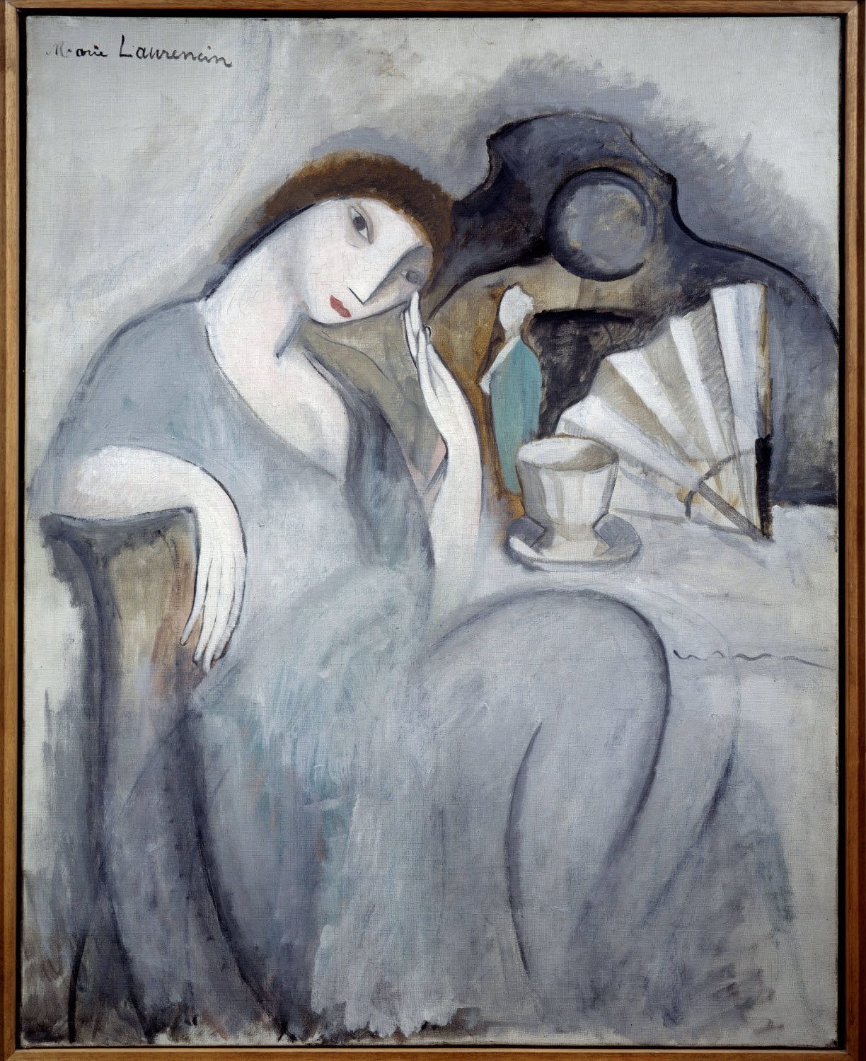 Muted tone oil painting of a relaxed, seated woman, head tipped in contimplation, elbow resting on a table with fan and cup